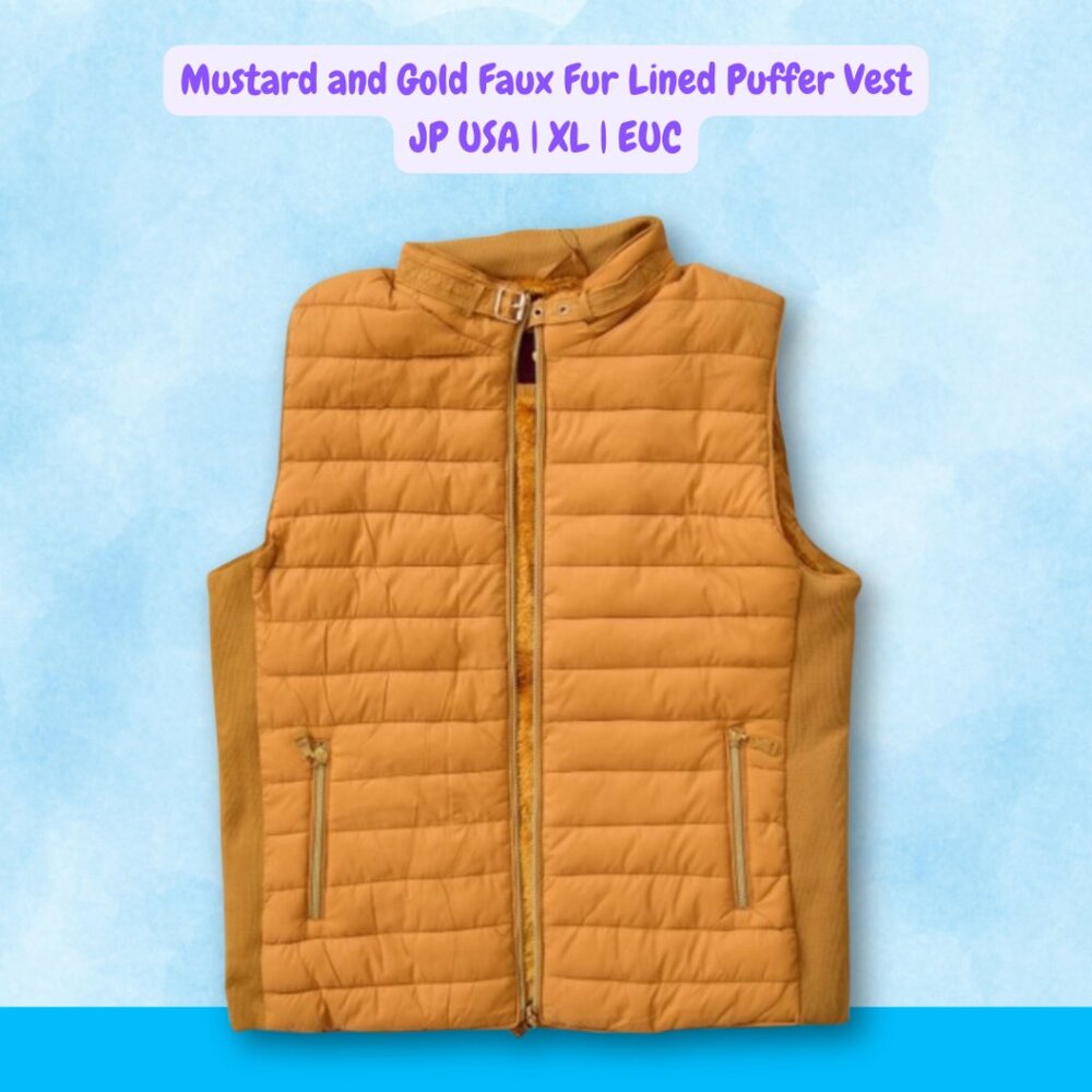 Mustard and Gold Faux Fur Lined Puffer Vest | JP USA | XL | EUC